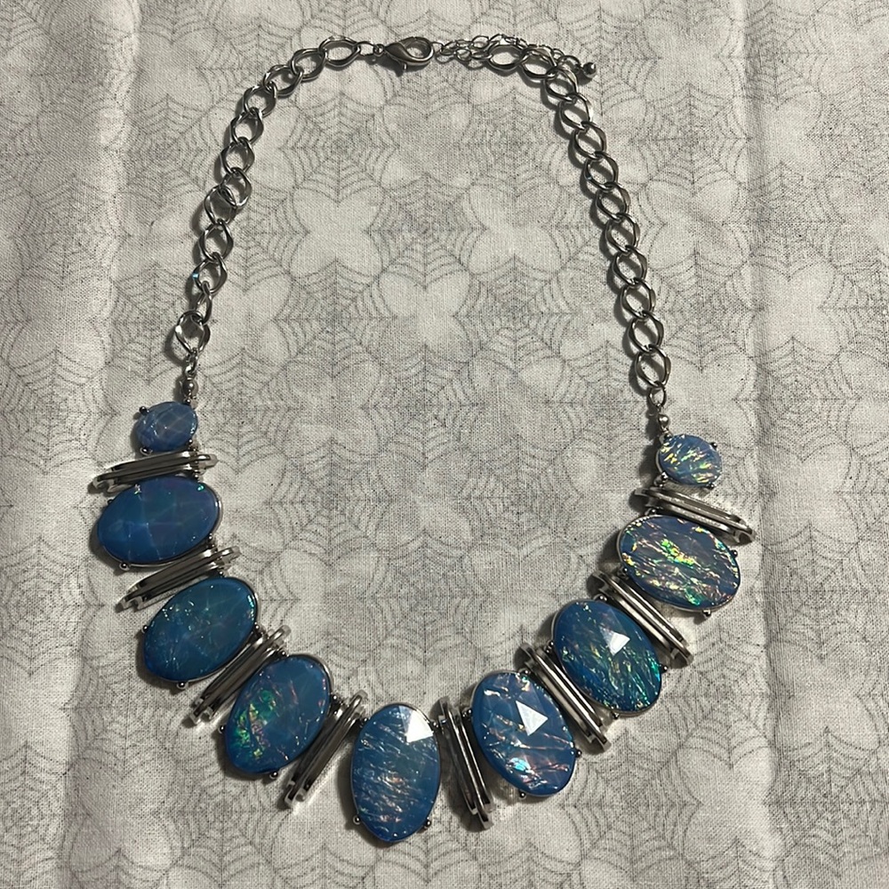 Statement Blue Opalescent Metal Silver Tone Necklace
